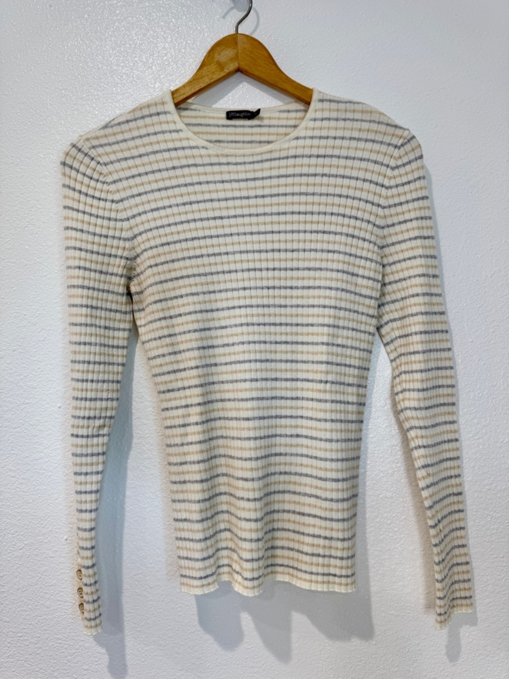 J McLaughlin Striped Rib Knit Top Long Sleeve Fitted Stretch Crewneck Classic L